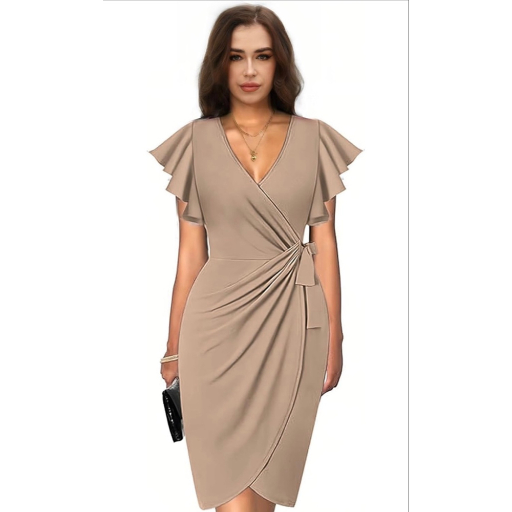 NEW G&Y Deep V Neck Ruffle Sleeve Faux Wrap Career Cocktail Midi Dress
